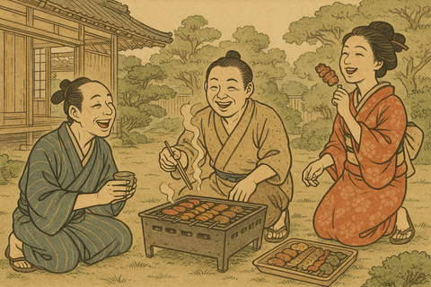 江戸の時代の家の庭でバーベキュー