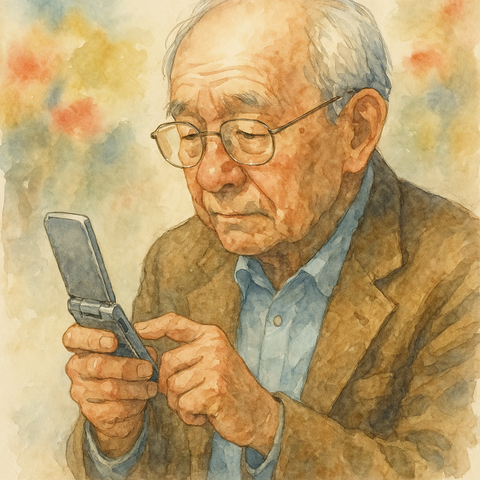 ガラケーでメールを打つ老人