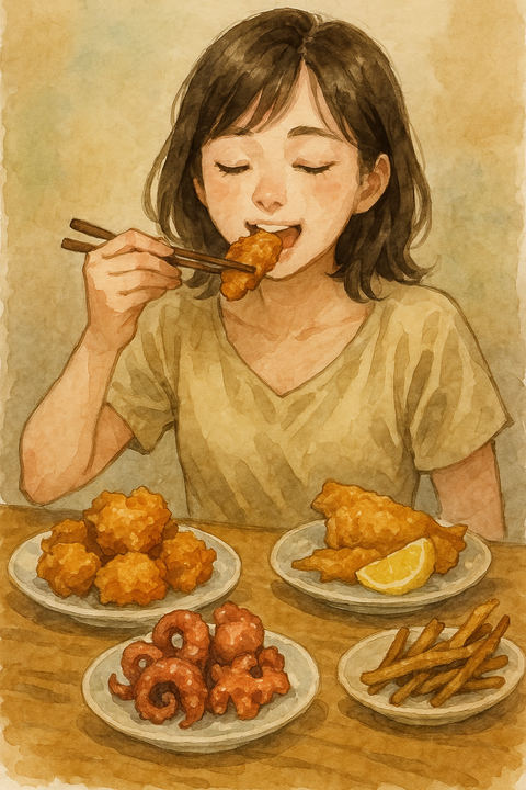 唐揚げを食べる女性