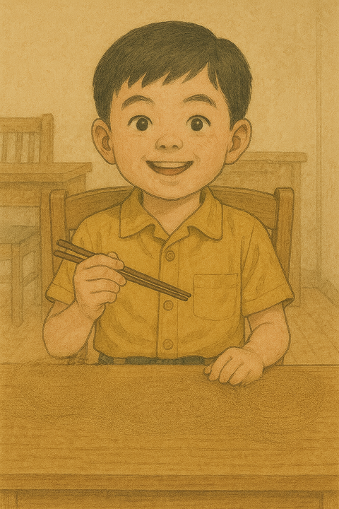 昼食を楽しみにしている小学生