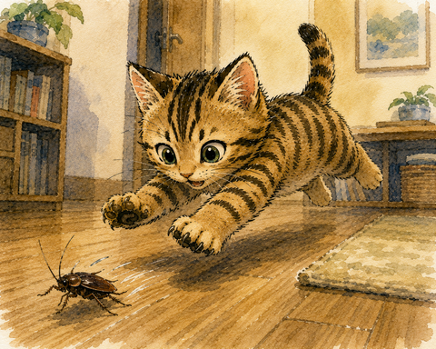 ゴキブリを本能で捕まえに行くねこすけ