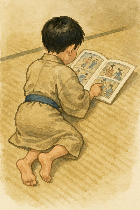 寝転んで漫画を読む小学生