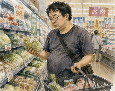 スーパーで食材を選ぶ男性