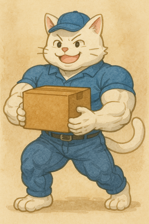 荷物を運ぶ筋肉ムキムキな白猫の配達員
