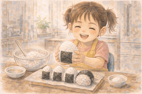 おにぎりを作る4歳女子