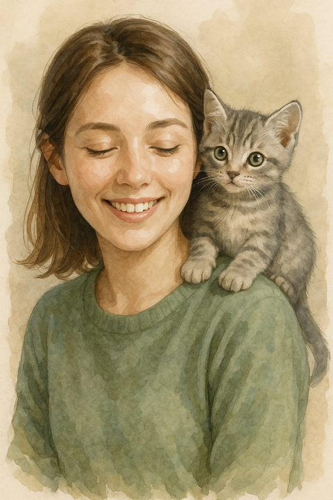 女性の肩に乗る子猫