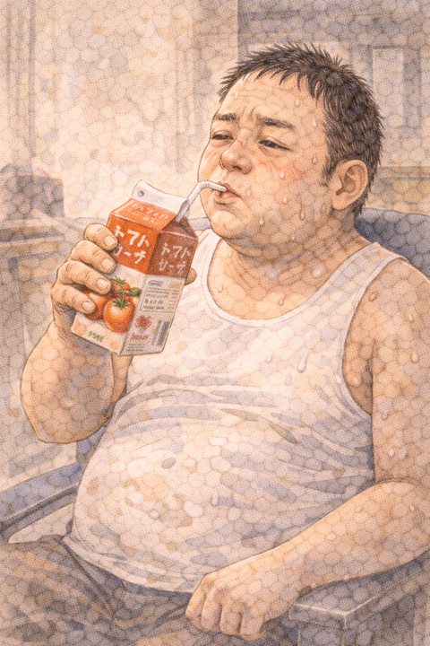 紙パックのトマトジュースを飲む男性
