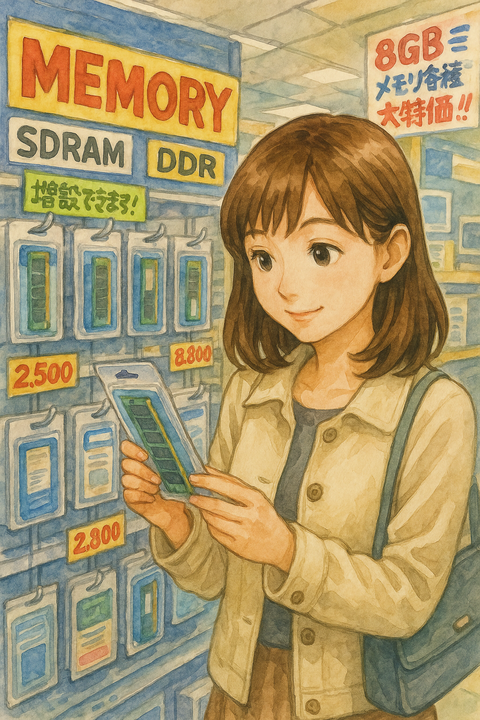 パソコンのメモリを選ぶ女性