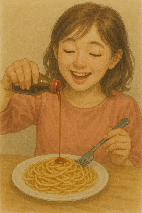 生姜焼きのタレをパスタにかける女性