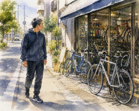 ウォーキング中自転車屋を見る男性