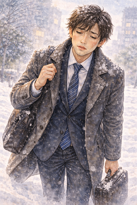 雪の中歩いて出勤するサラリーマン男性