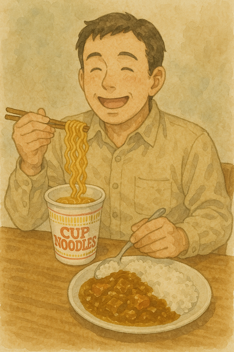 カップラーメンとカレーライスを食べる男性