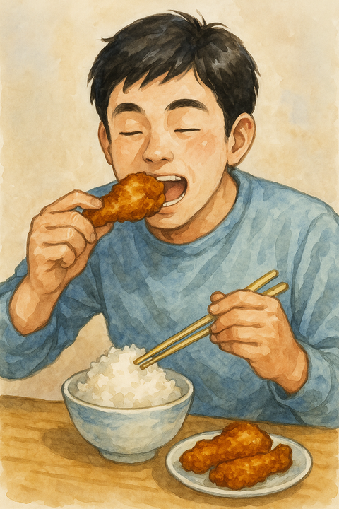 フライドチキンでご飯を食べる男性