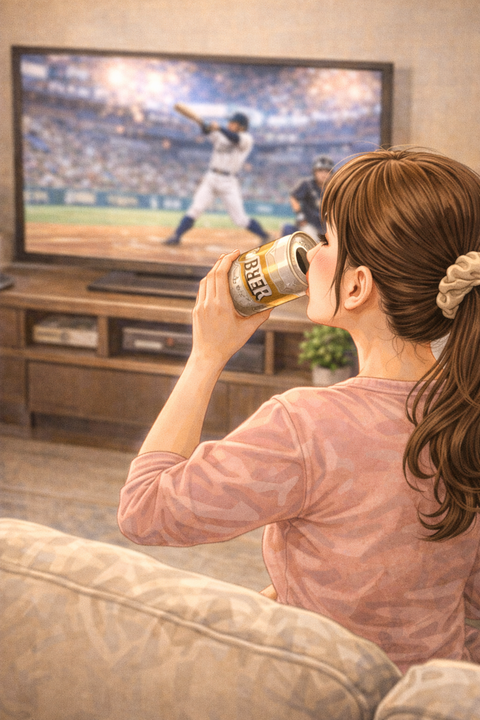 ビールを飲みながらテレビで野球を見る女性