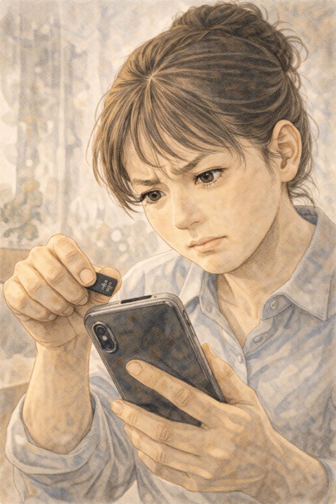 スマホmicroSDを刺す女性