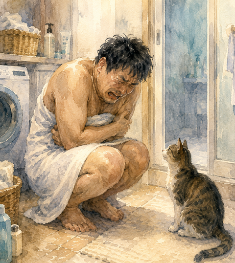 脱衣所でうずくまる男性と猫