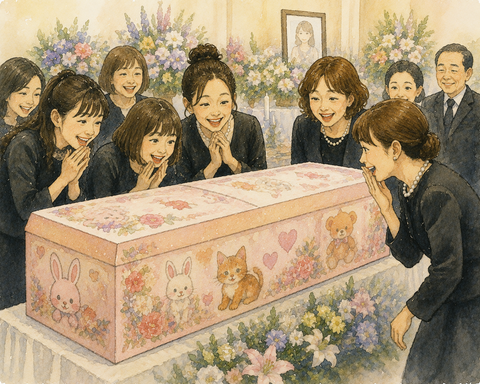 可愛くデザインされた段ボールの棺桶
