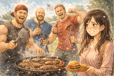 アメリカのバーベキューに引く女性