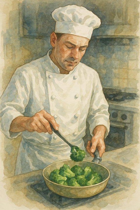 ブロッコリーを調理するシェフ