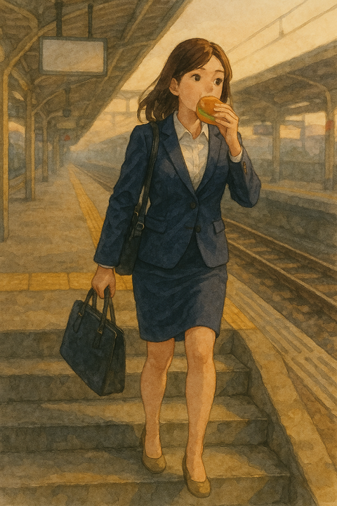 ハンバーガーを食べながら駅のホーム