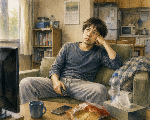 自宅で暇そうな男性