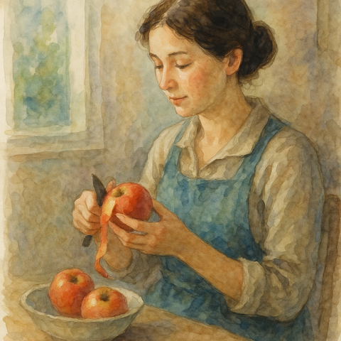 りんごの皮をむく女性