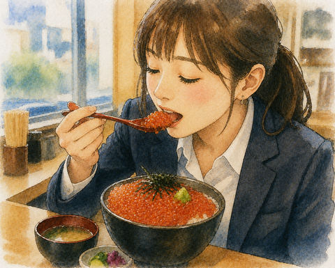 イクラ丼を食べる女性