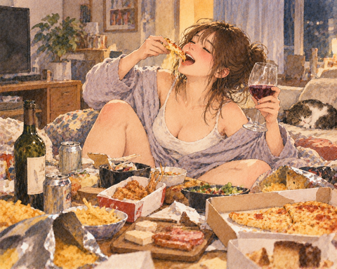 自宅で飲酒する女性