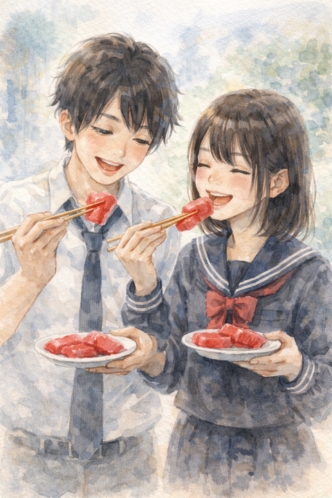 マグロの赤身を食べる高校生カップル