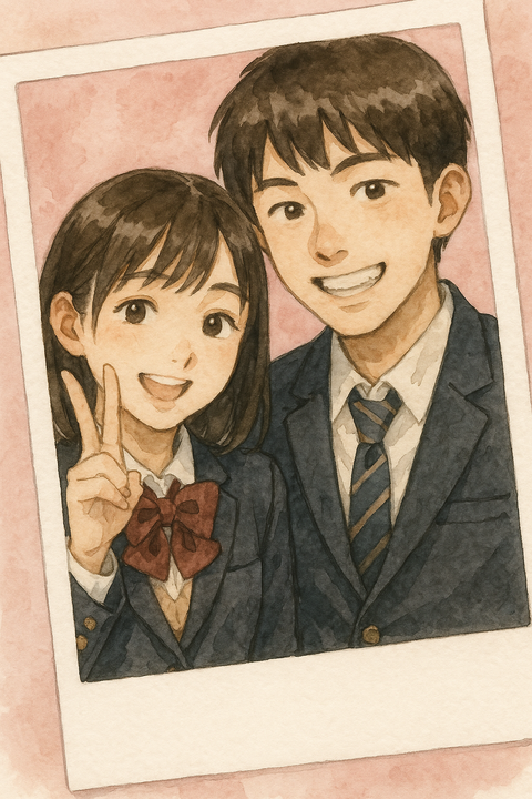 プリクラを撮る高校生カップル