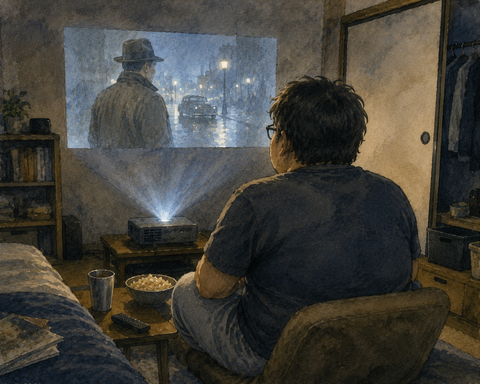 プロジェクターで映画を見る男性