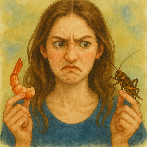 海老のしっぽとコオロギどっちを食べるか悩む女性