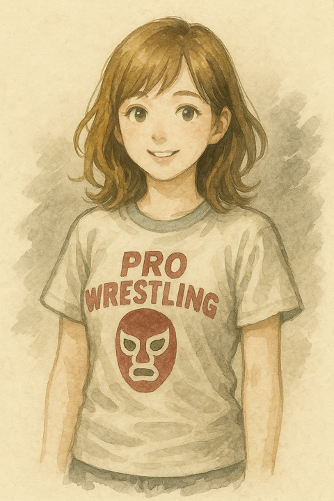 プロレスTシャスを着ている女性