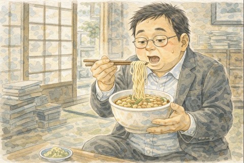 天かすうどんを食べる男性