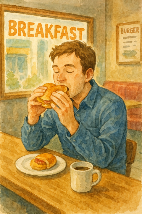 朝バーガーを食べる男性