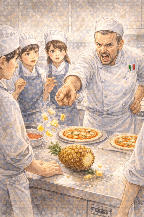 ピッツァを作る生徒とイタリア人教師の怒り