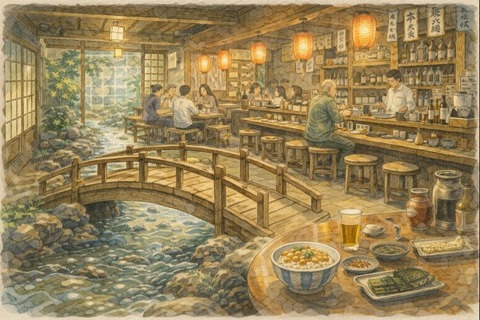 店内に川が流れていて橋がかかっている居酒屋