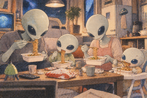 カップ焼きそばを食べる宇宙人家族
