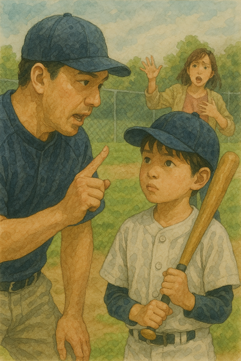 野球少年に説明するコーチと騒ぐ母親
