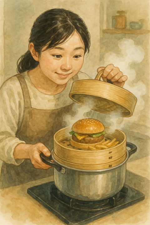 蒸し器でハンバーガーとフライドポテトを蒸す女性