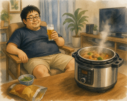 自動調理鍋で調理する男性