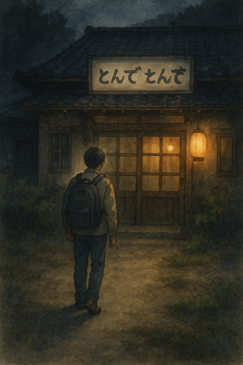 田舎の旅館に入ろうとする旅行者