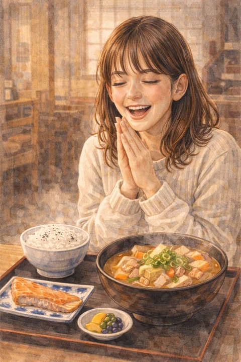 豚汁定食に喜ぶ女性