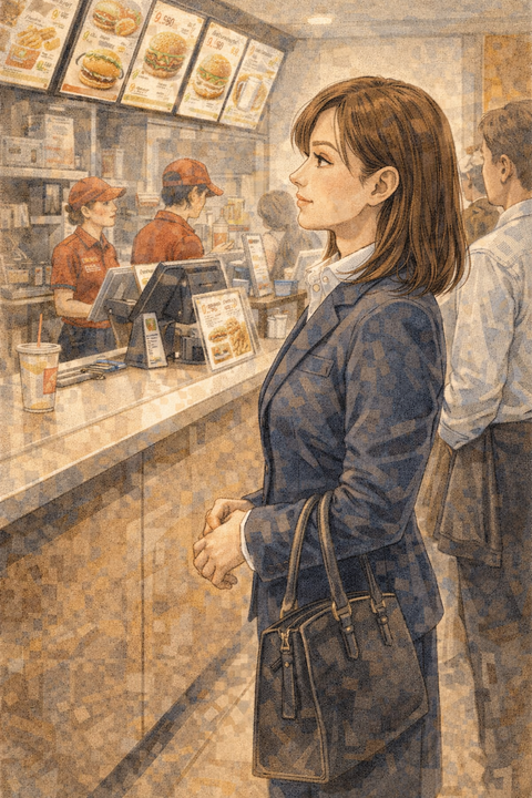 ハンバーガー屋で順番待ちする女性