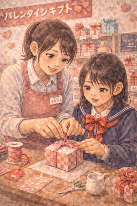 小学生にバレンタインのラッピングを教える女子店員