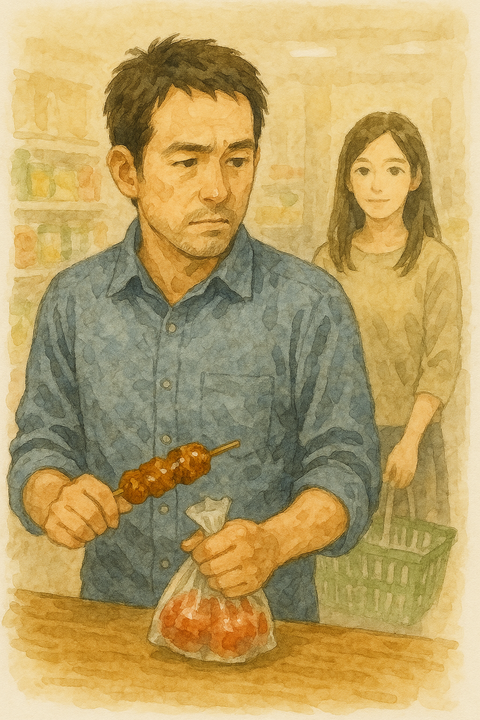 買い物中の男性と背後にいる女性