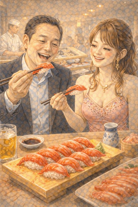 マグロ寿司を食べる男女