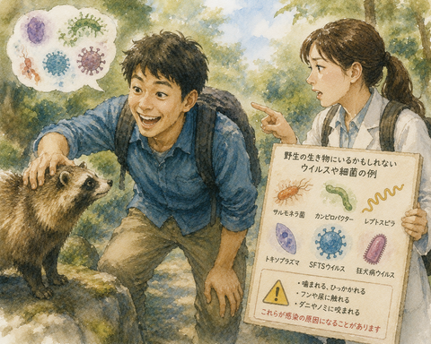 野生動物のウイルス細菌について語る男女