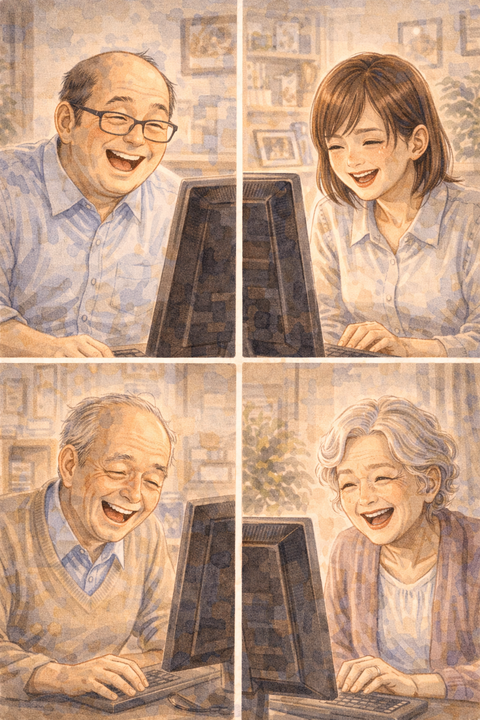 パソコン画面に向かう楽しそうなねらー