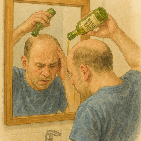 オリーブオイルを頭にかける薄毛の男性